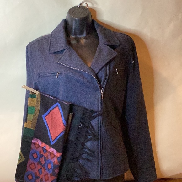 LAUREN Ralph Lauren BLUE TWEED MOTO LAMBSWOOL JACKET SZ. 10 & WOOL/SILK SCARF - Picture 6 of 14